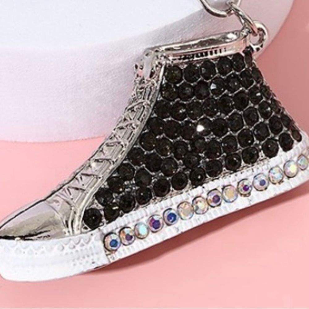 Hi Top Sneaker Black & White Purse Charm Key Chain Rhinestone NEW - Picture 2 of 7